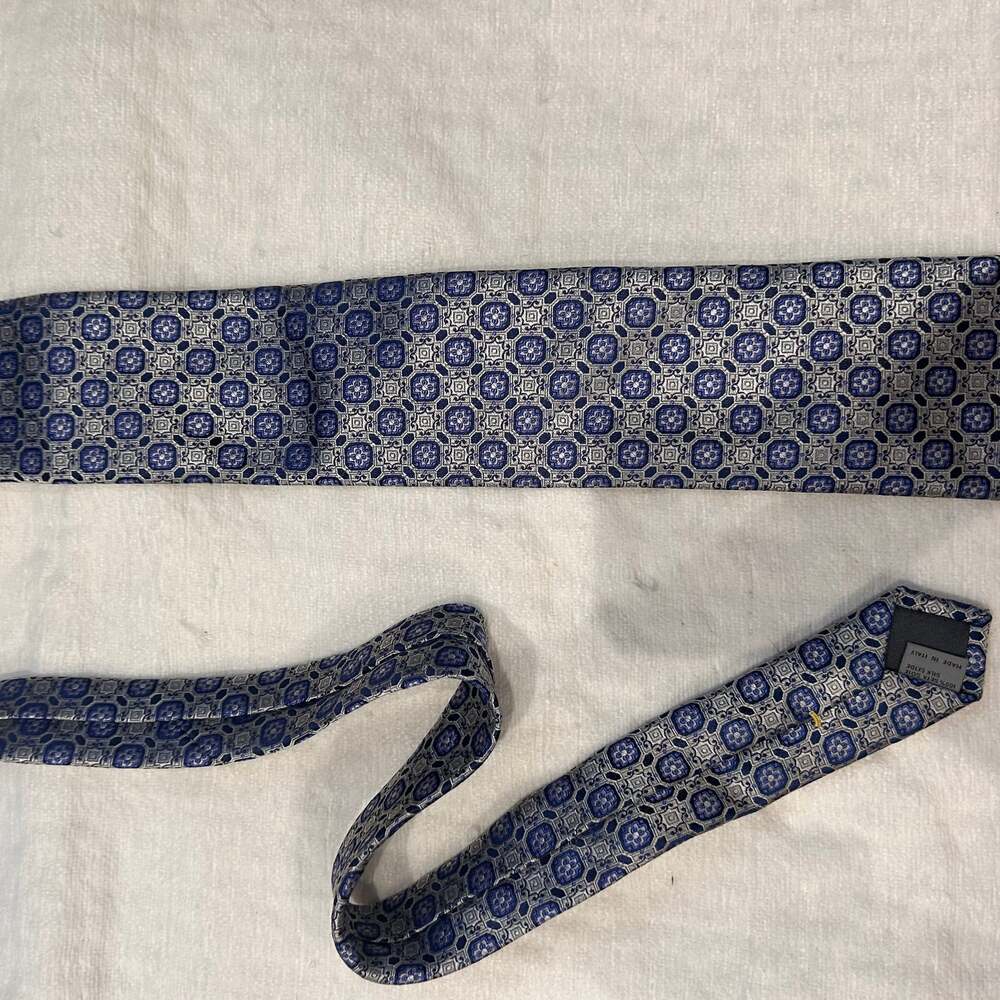 Luxury Canali 100% Silk Men's Navy Blue & Silver Geometric Square Medallion Tie